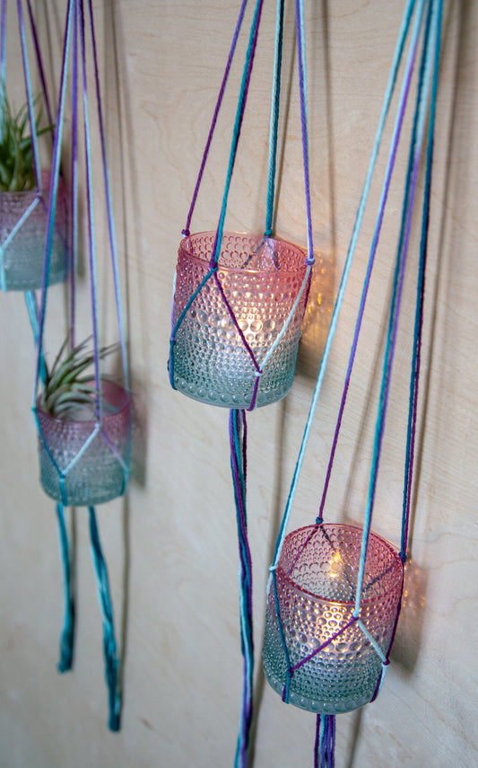 2 Piece Plant Hanger With Colorful Glass Jars / Colorful Hanging Planter / Airplant Holder / Candle Holder / Hanging Planter / Plant Hangers
