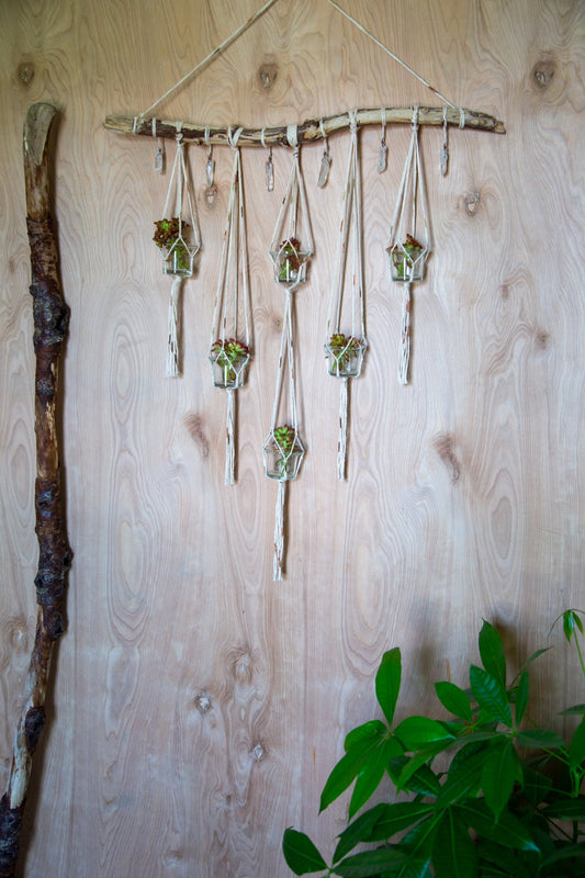 quartz crystal candle holder driftwood wall hanging / boho home decor / bohemian wall decor / hanging multiple planter / mother's day gift