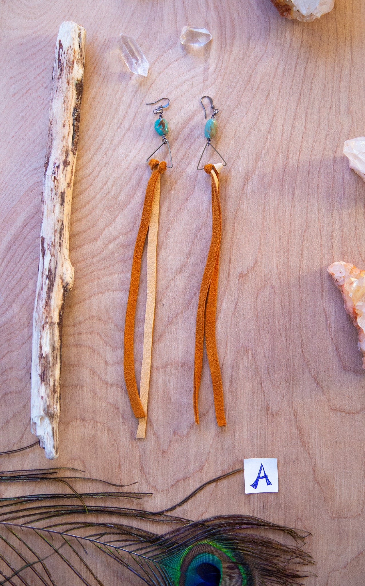 Leather Gemstone Triangle Long Drop Down Earrings