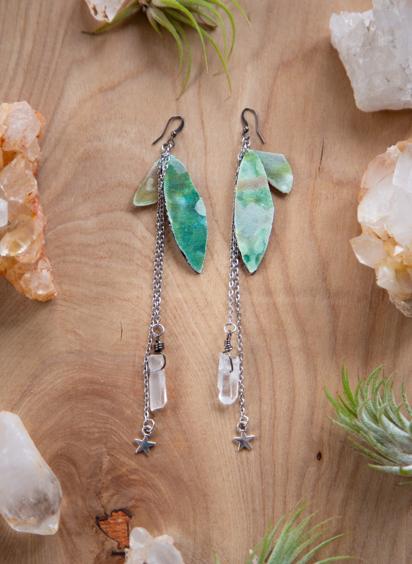 Fairy Wing Dangling Earrings with Quartz Crystal and Chain / Whimsical Earrings / Free Spirit Earrings / Fae Earrings / Bohemian Style