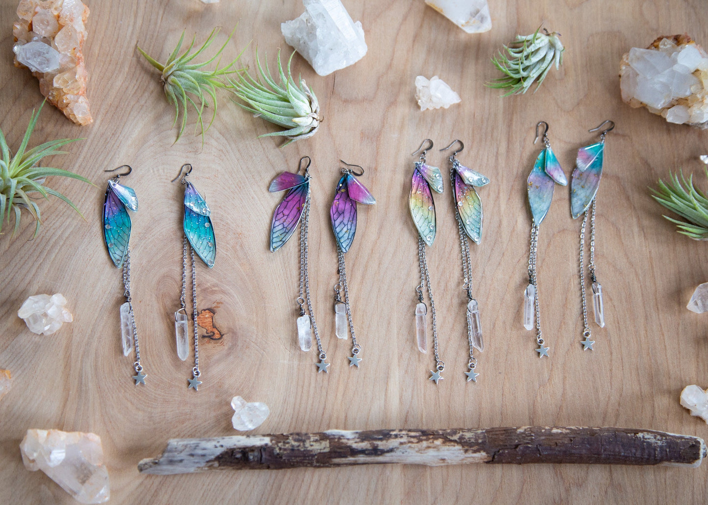 Fairy Wing Dangling Earrings with Quartz Crystal and Chain