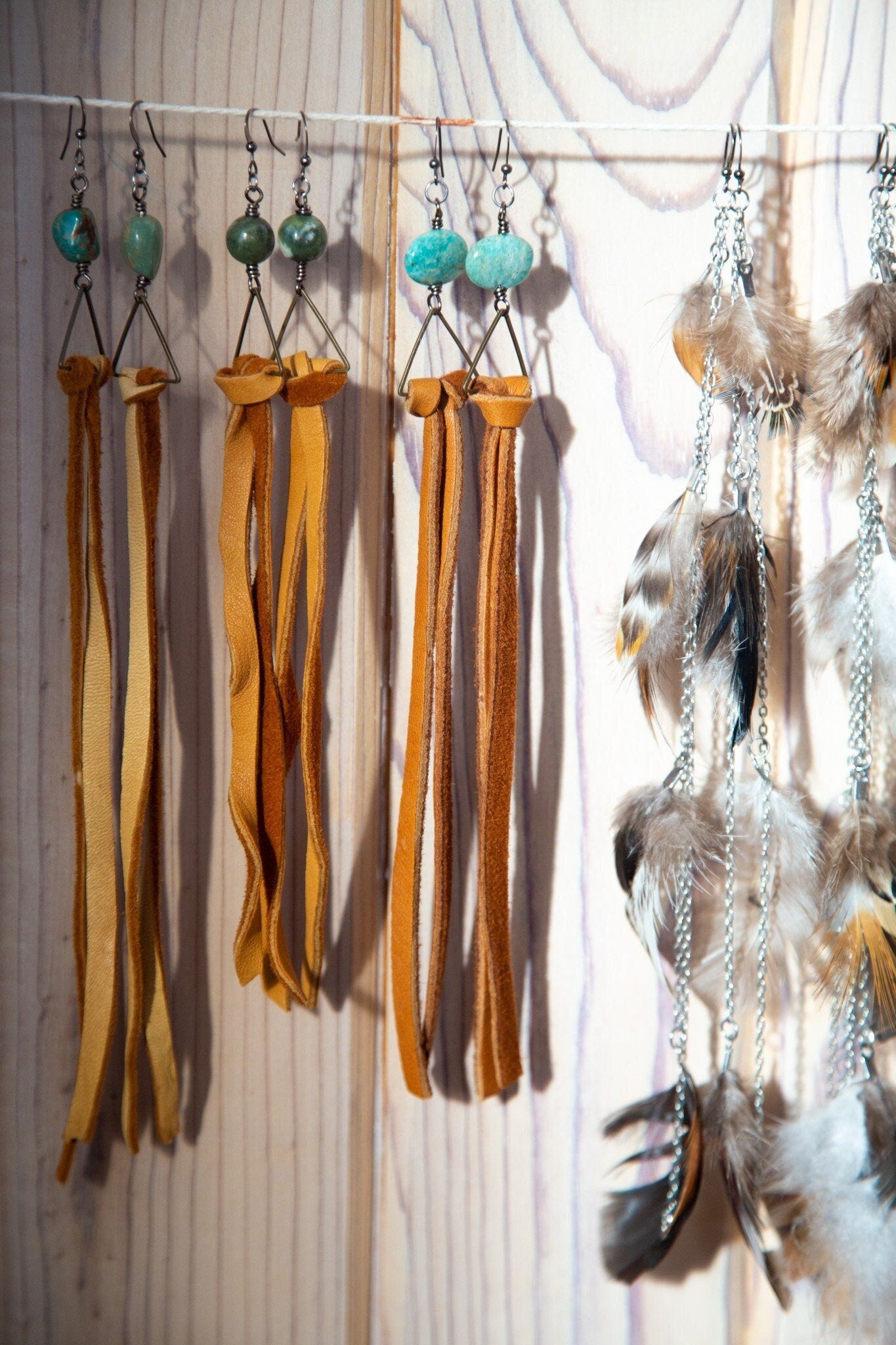 Leather Gemstone Triangle Long Drop Down Earrings