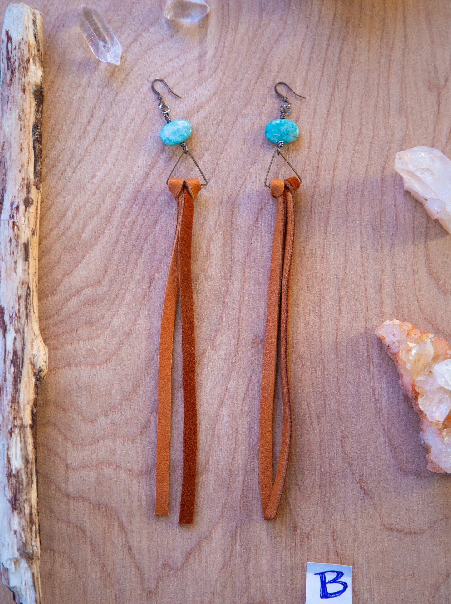 Leather Gemstone Triangle Long Drop Down Earrings