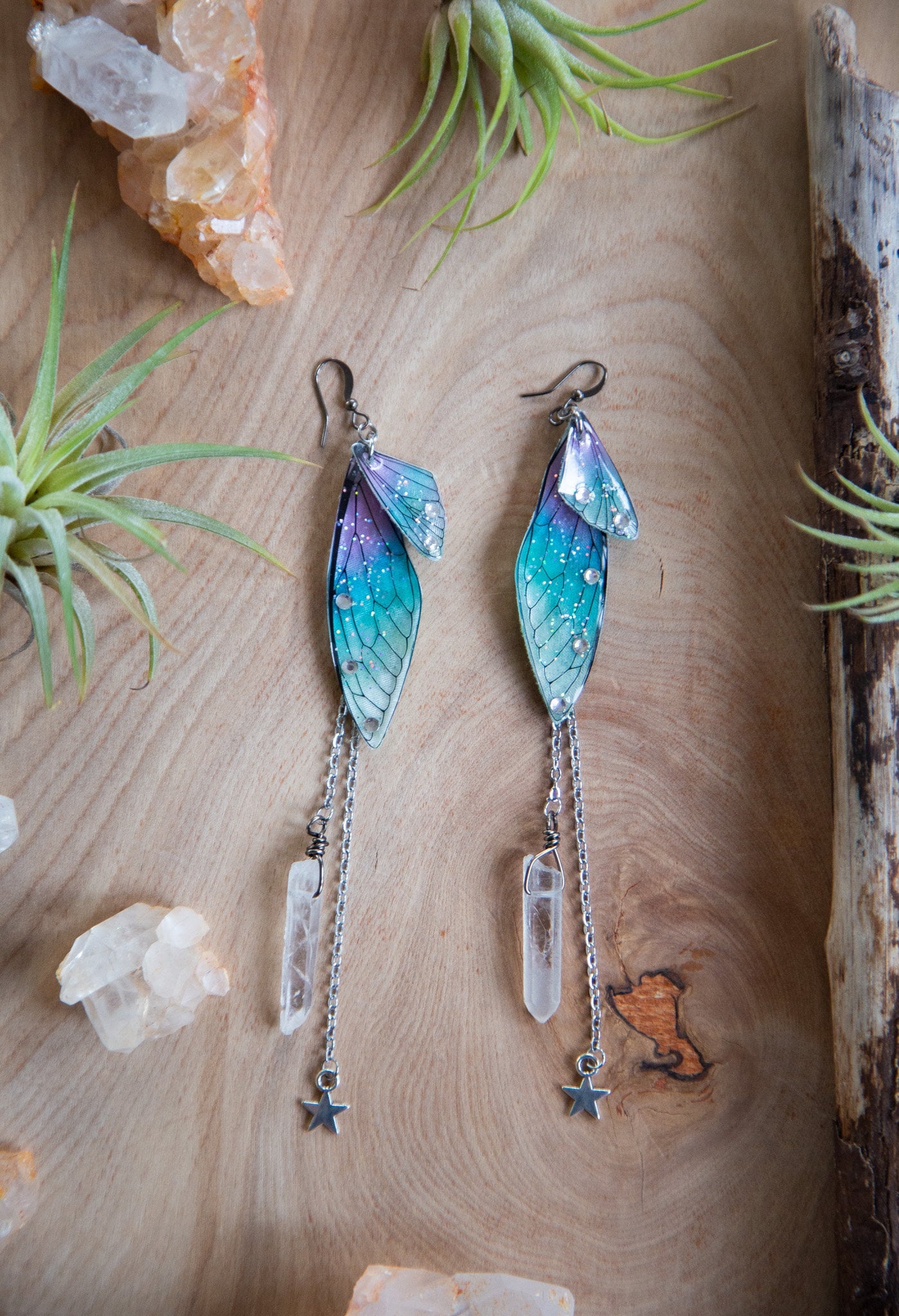 Fairy Wing Dangling Earrings with Quartz Crystal and Chain