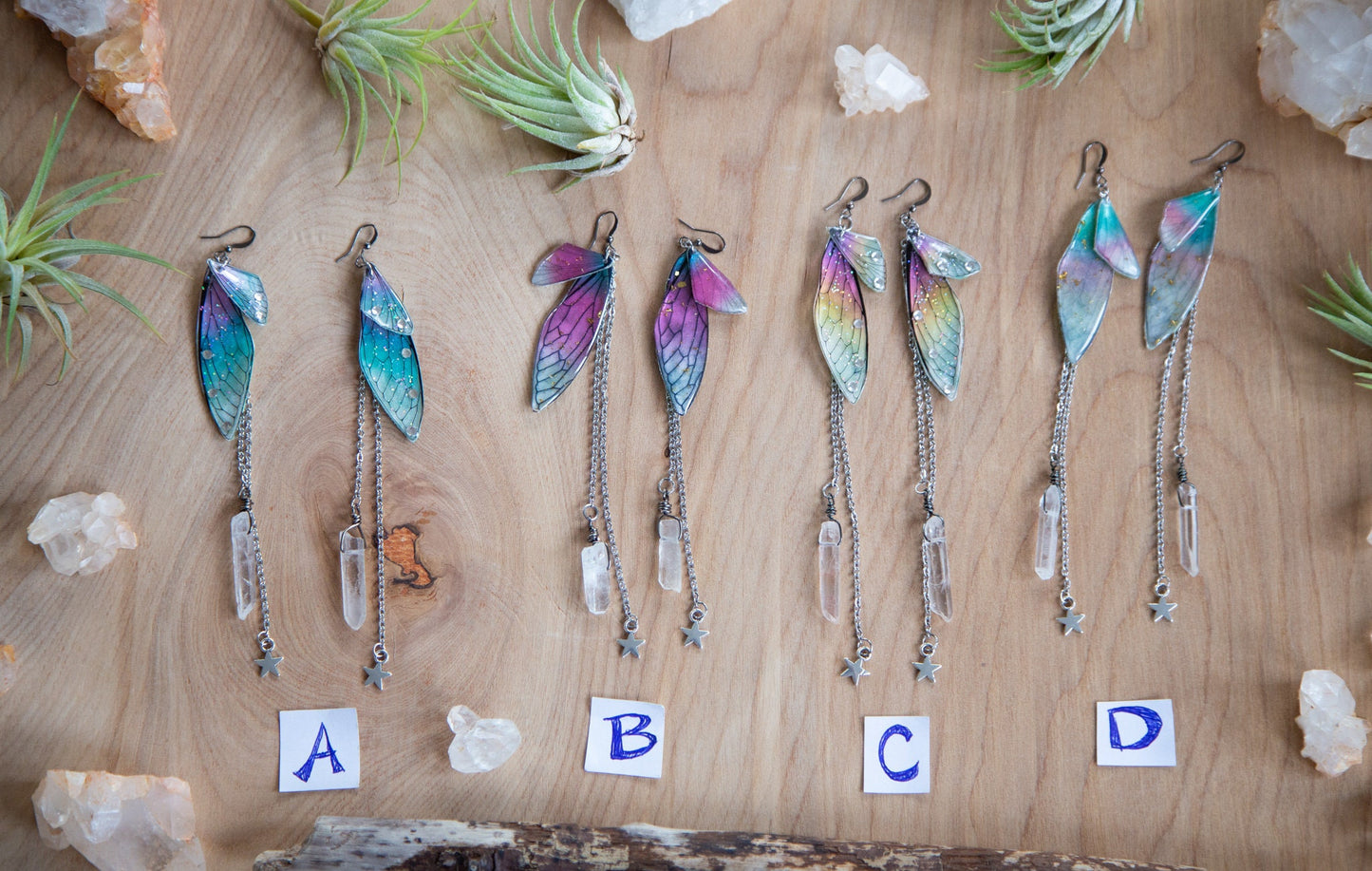 Fairy Wing Dangling Earrings with Quartz Crystal and Chain