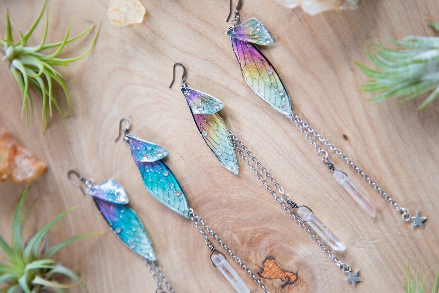 Fairy Wing Dangling Earrings with Quartz Crystal and Chain