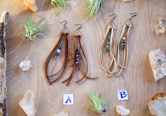 Leather Gemstone Triangle Chain Dangling Earrings