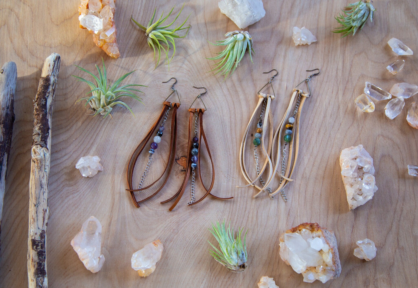 Leather Gemstone Triangle Chain Dangling Earrings
