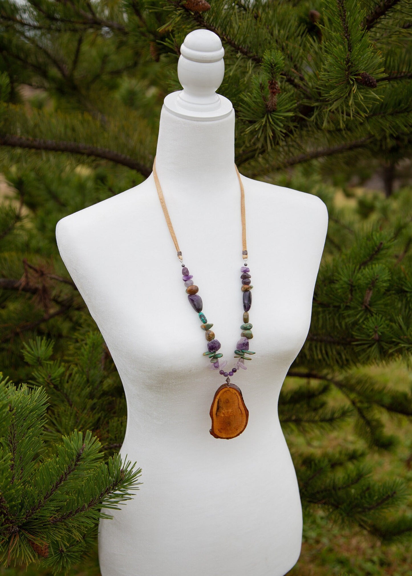 Starwood Wood Slice Necklace with Gemstone Beads