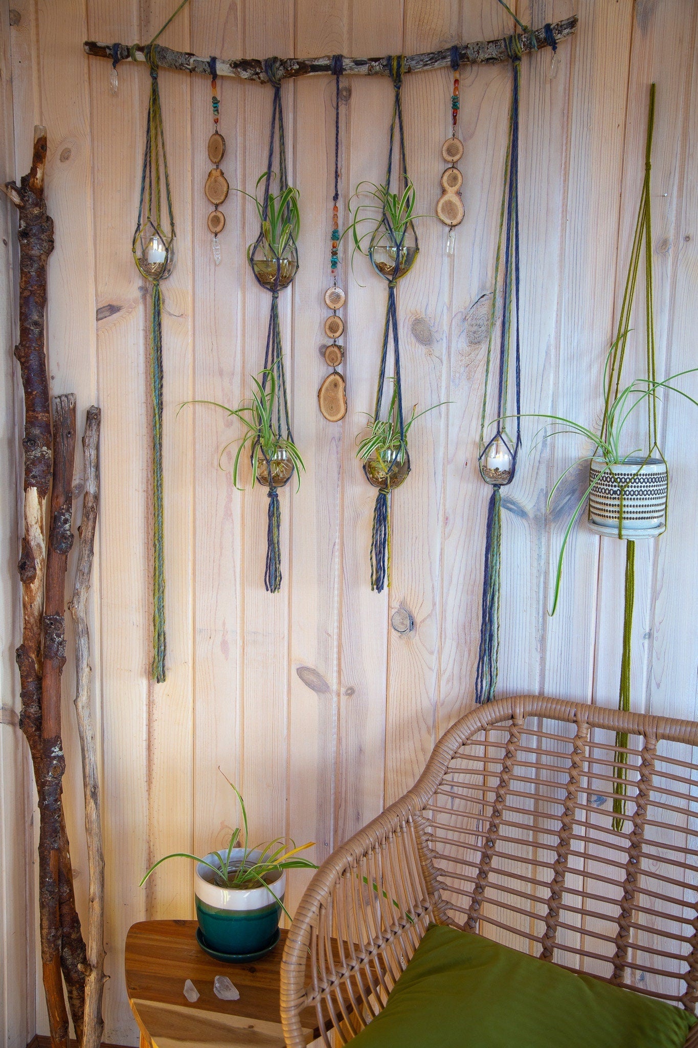 carnelian quartz crystal & turquoise gemstone, wood slice, 6 plant hanger wall hanging / earthy home decor / hanging planter candle holder