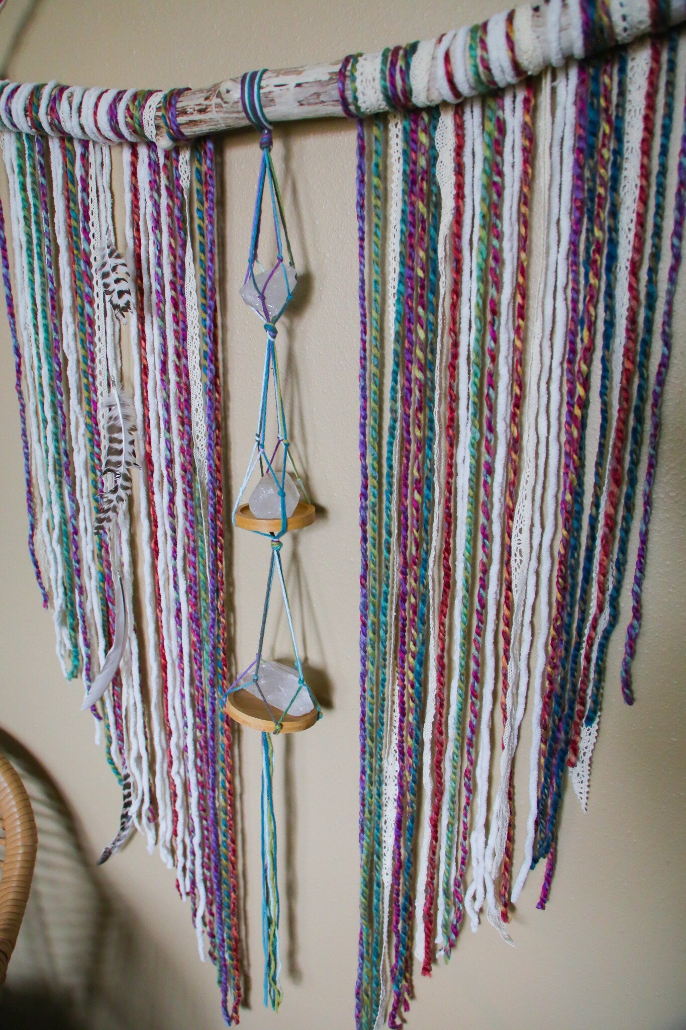 Large Quartz crystal rainbow fiber driftwood wall hanging