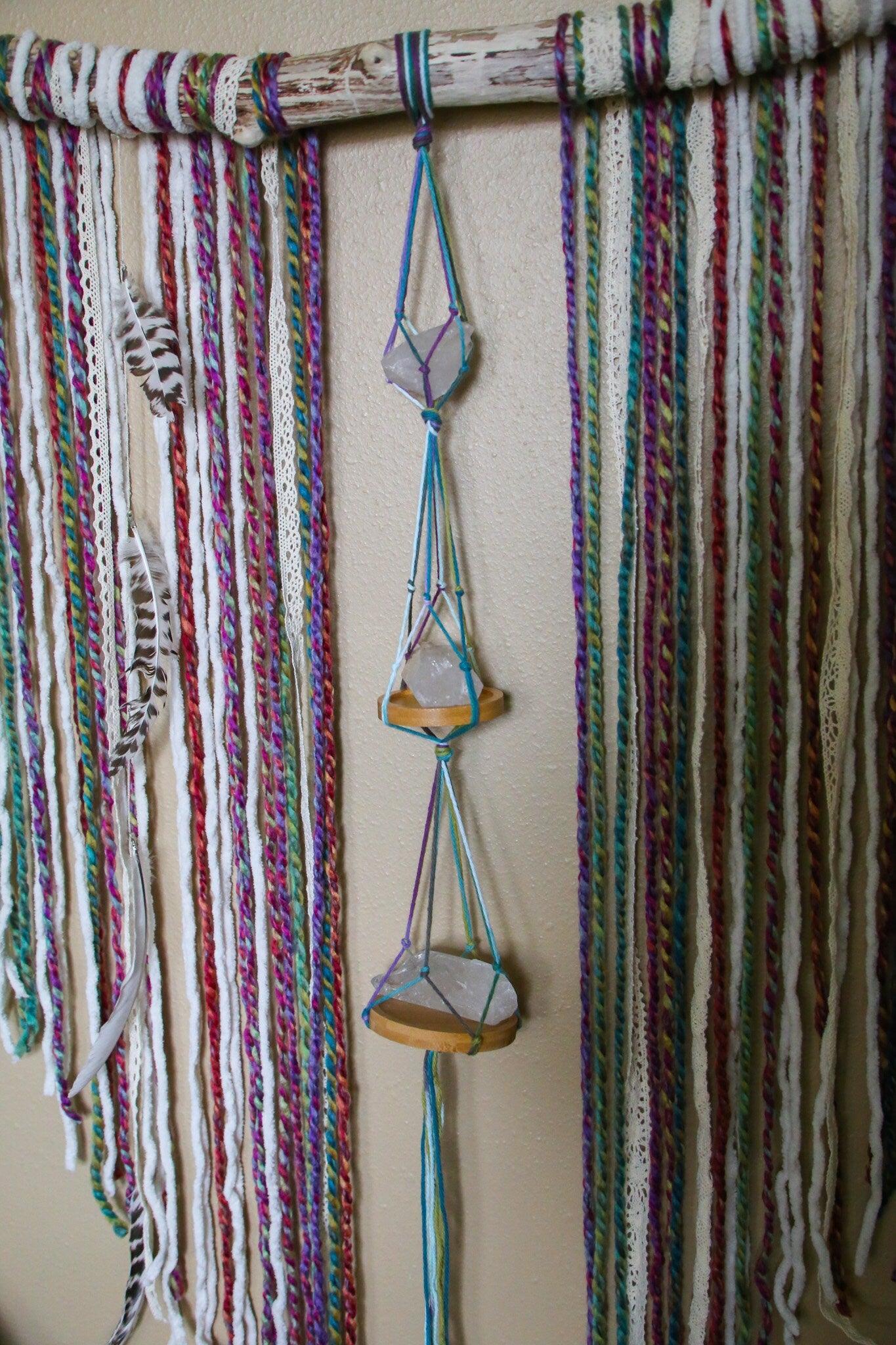 Large Quartz crystal rainbow fiber driftwood wall hanging