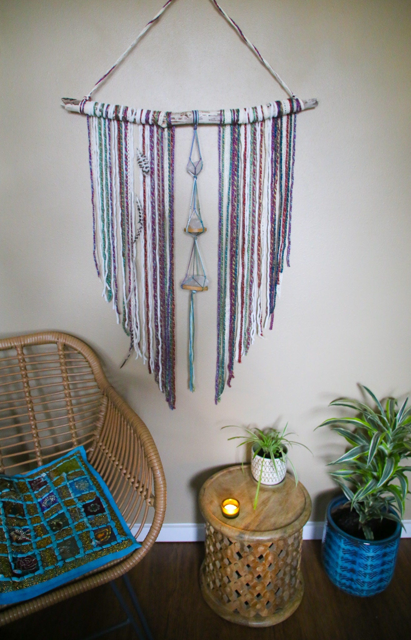 Large Quartz crystal rainbow fiber driftwood wall hanging