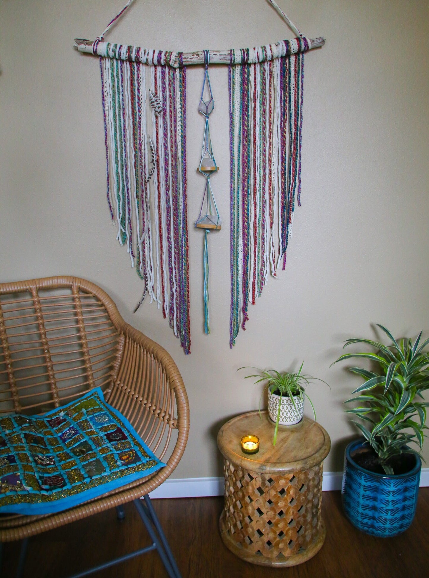 Large Quartz crystal rainbow fiber driftwood wall hanging