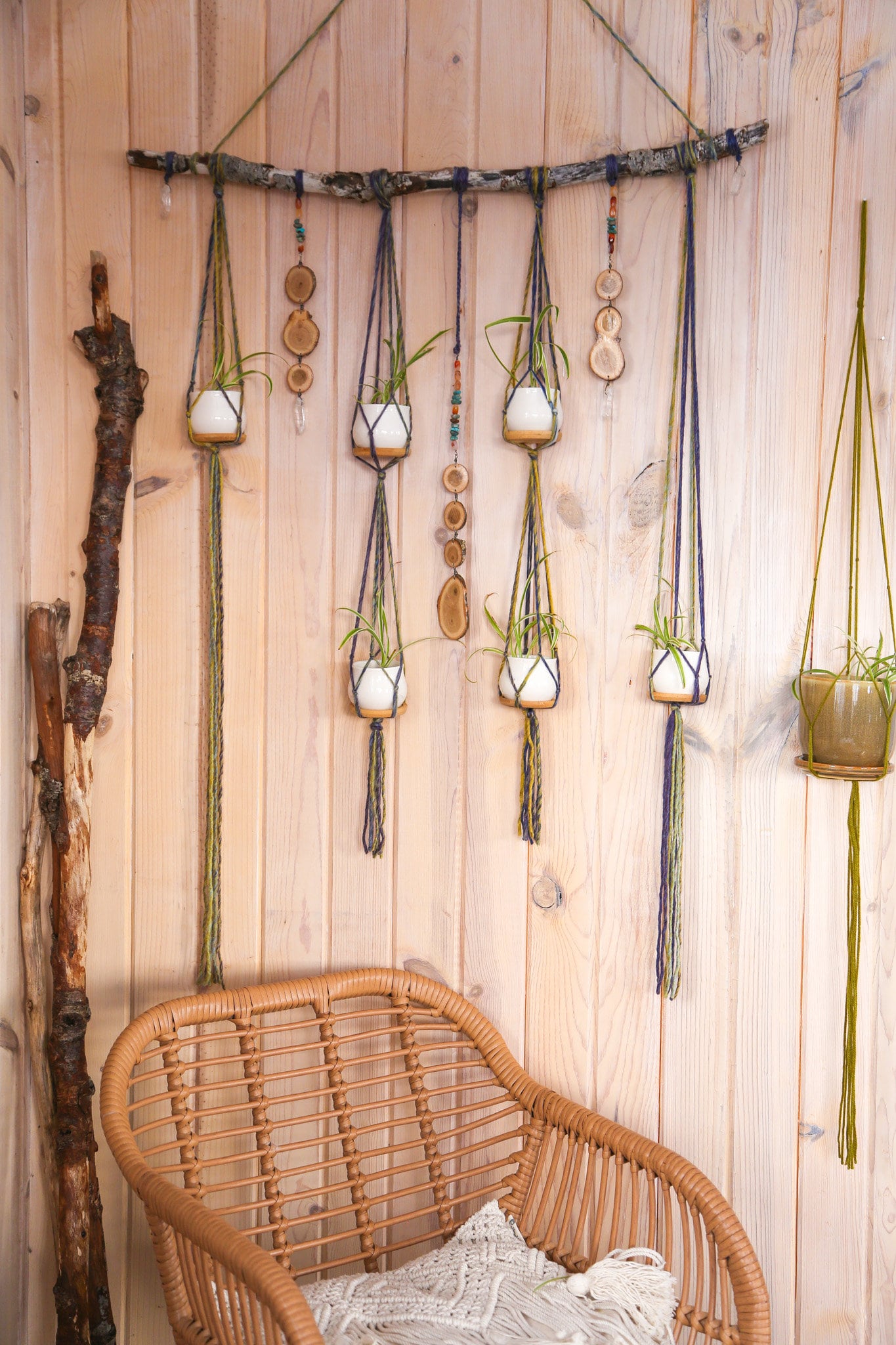 6 Plant Hanger with Quartz, Turqoise, Wood and Fiber