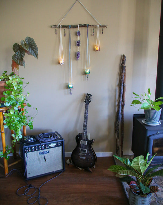 amethyst cluster medium driftwood wall hanging with pots & candle holders / handmade gemstone wall decor / hanging planter / candle decor