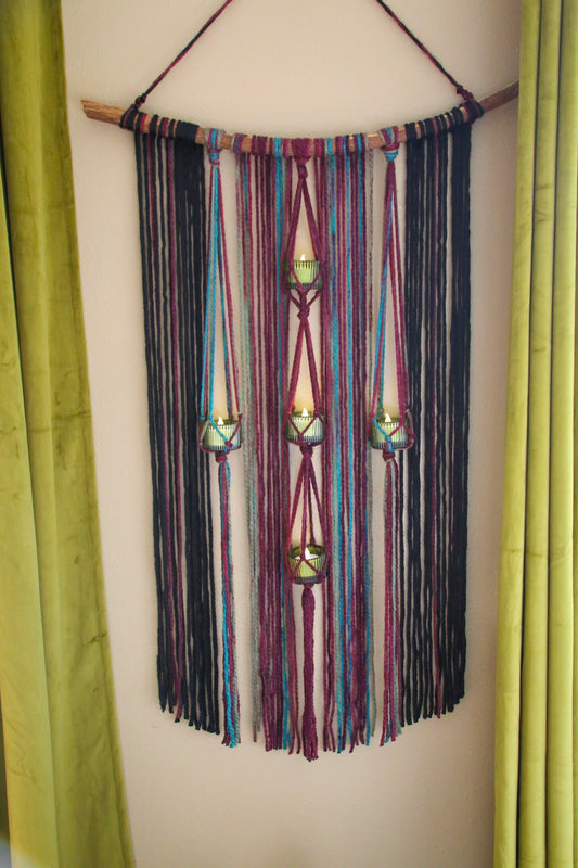 medium size black rainbow color wall hanging / 4 piece candle holder / handmade macrame wall decor / bohemian home decor / faux candles