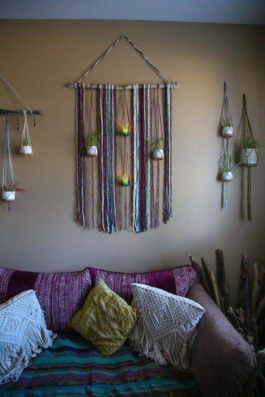 large 4 pot hanging driftwood planter with rainbow fiber / pride home decor / hanging plant decor / hanging planter / rainbow home decor