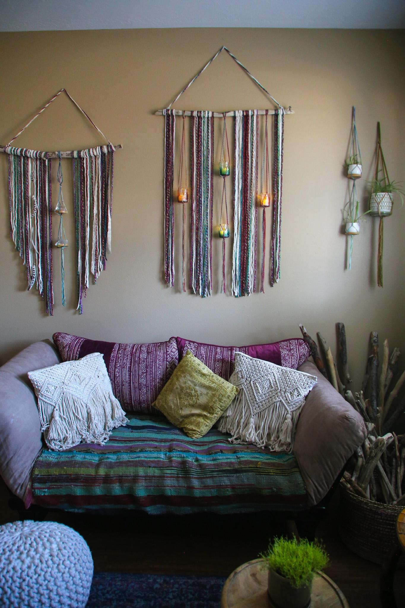 Large 4 pot hanging driftwood planter with rainbow fiber