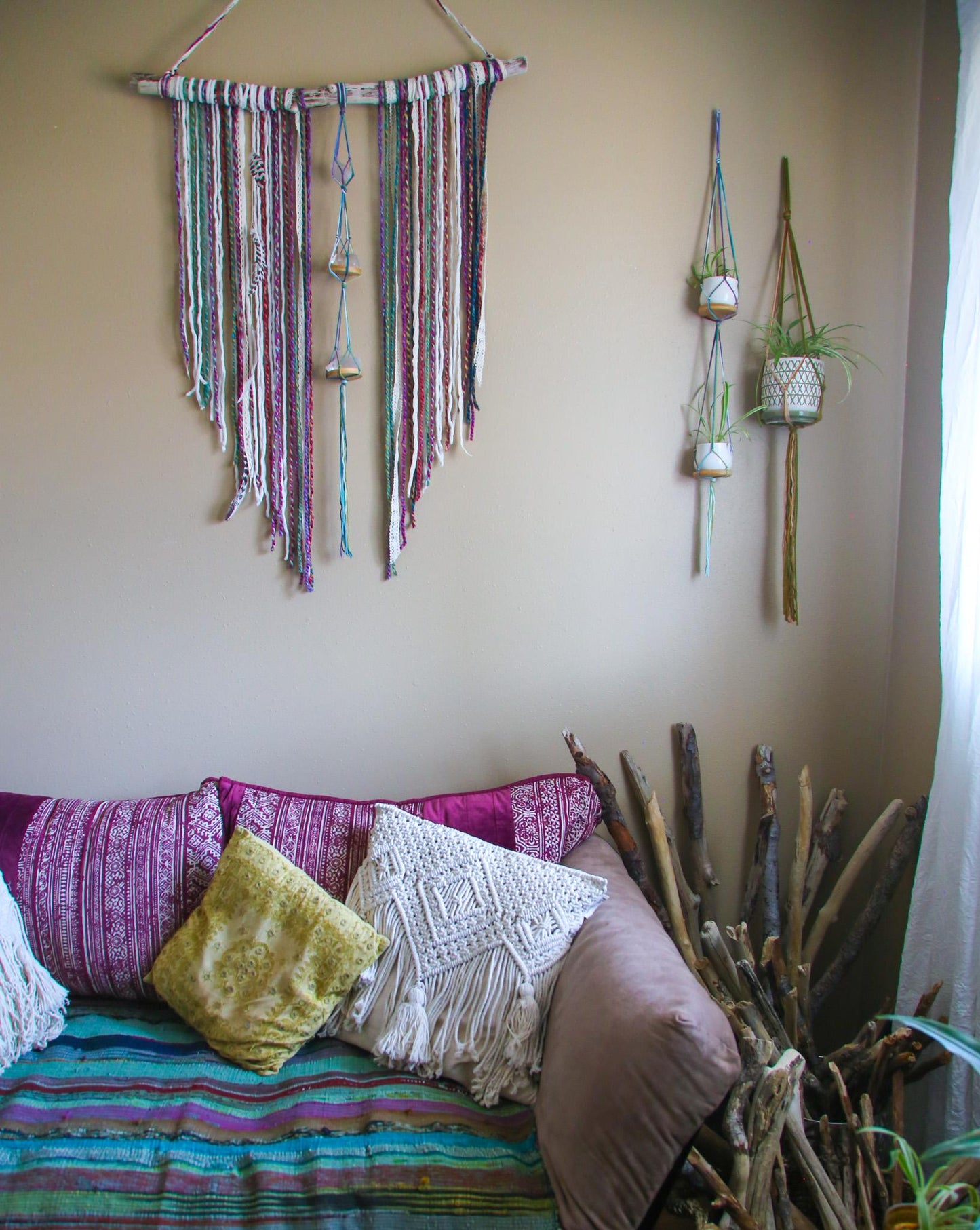 Large Quartz crystal rainbow fiber driftwood wall hanging