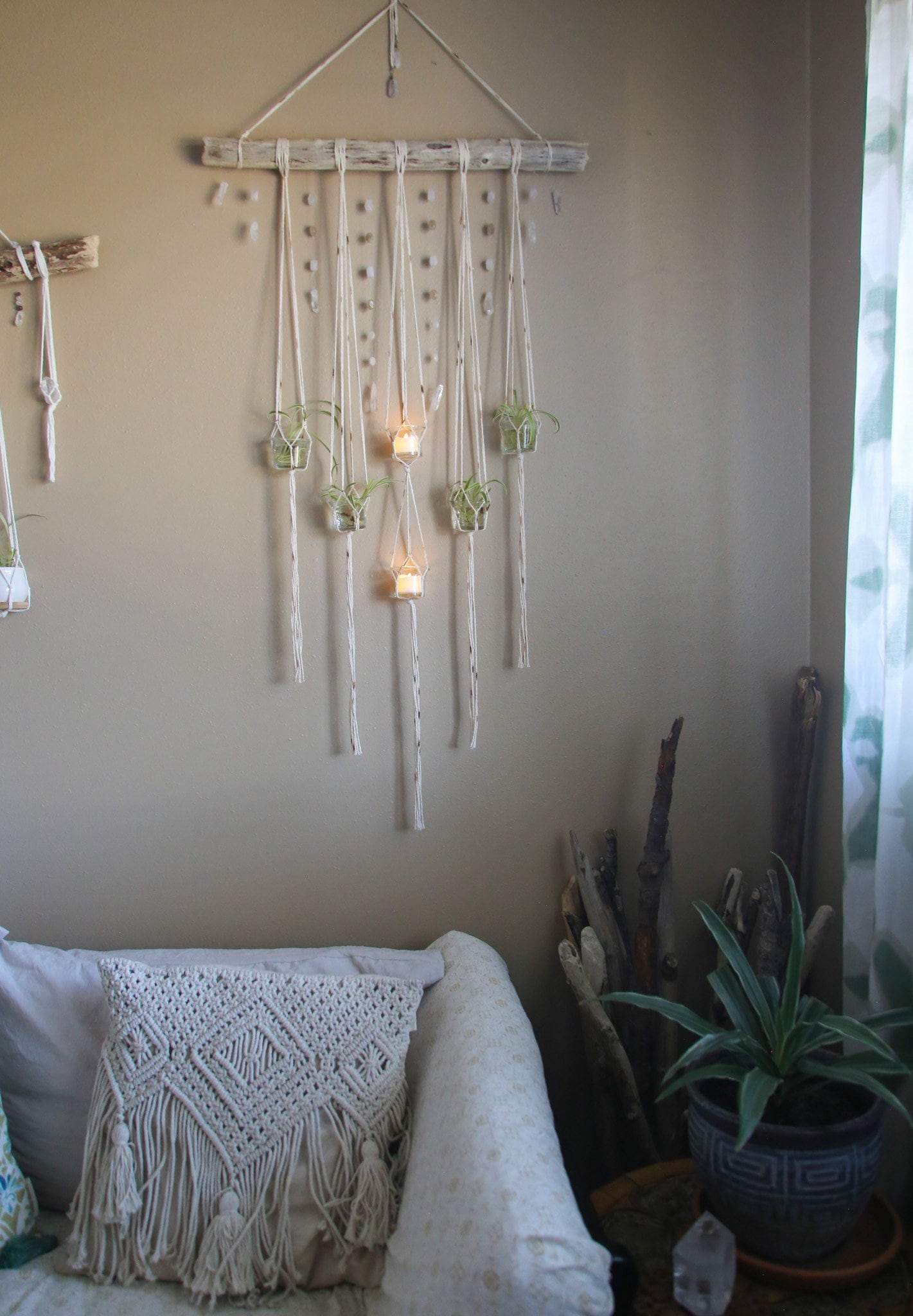 6 piece hanging planter candle holder gemstone driftwood wall hanging