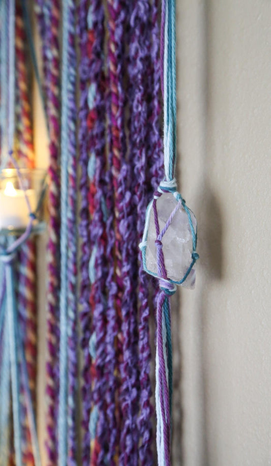 long medium size driftwood wall hanging / colorful rainbow fiber art / quartz crystal / hanging candle holder / earthy boho wall decor