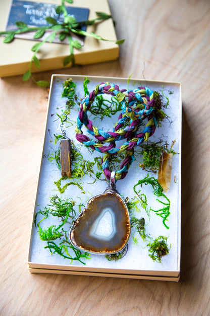 Agate Slice Necklace with Sari Silk