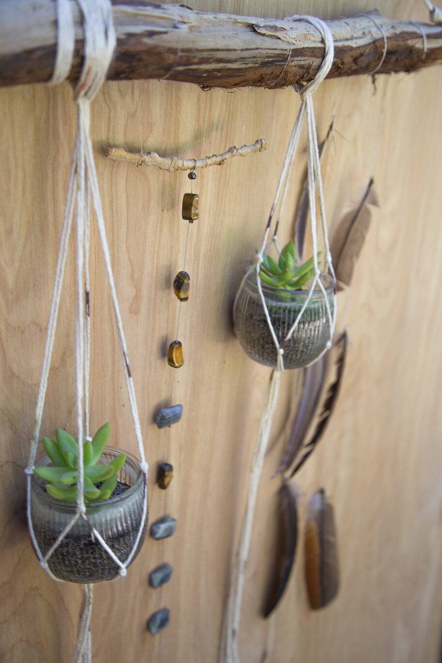 Double plant gemstone feather wall hanging