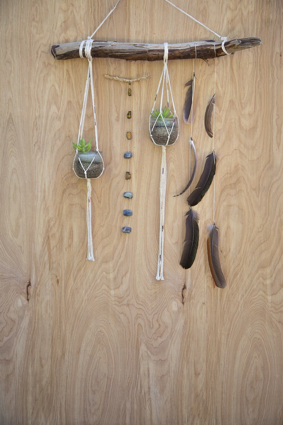 Double plant gemstone feather wall hanging