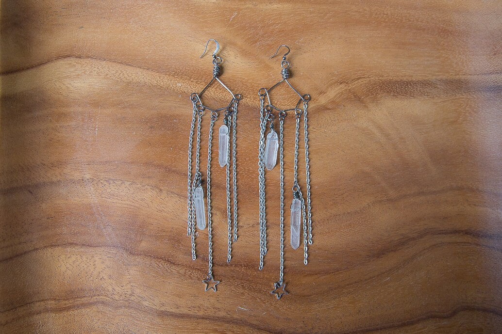 Quartz Point Earrings/ Chain Earrings/ Drop Down Earrings/ Handcrafted Earrings/ Dangling Earrings/ Boho Festival Earrings / Star Earrings