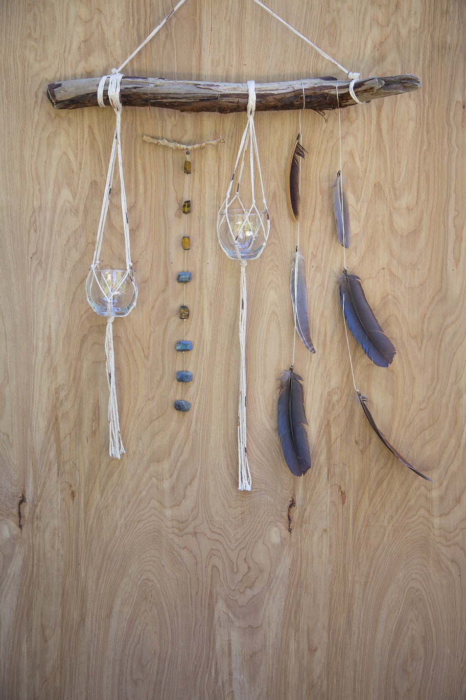 Double plant gemstone feather wall hanging