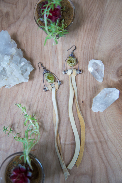 Leather Gemstone Earrings | Tassel Earrings | Drop Down Earrings | Festival Earrings | Long Dangle Earrings | Boho Earrings | Tribal Jewelry