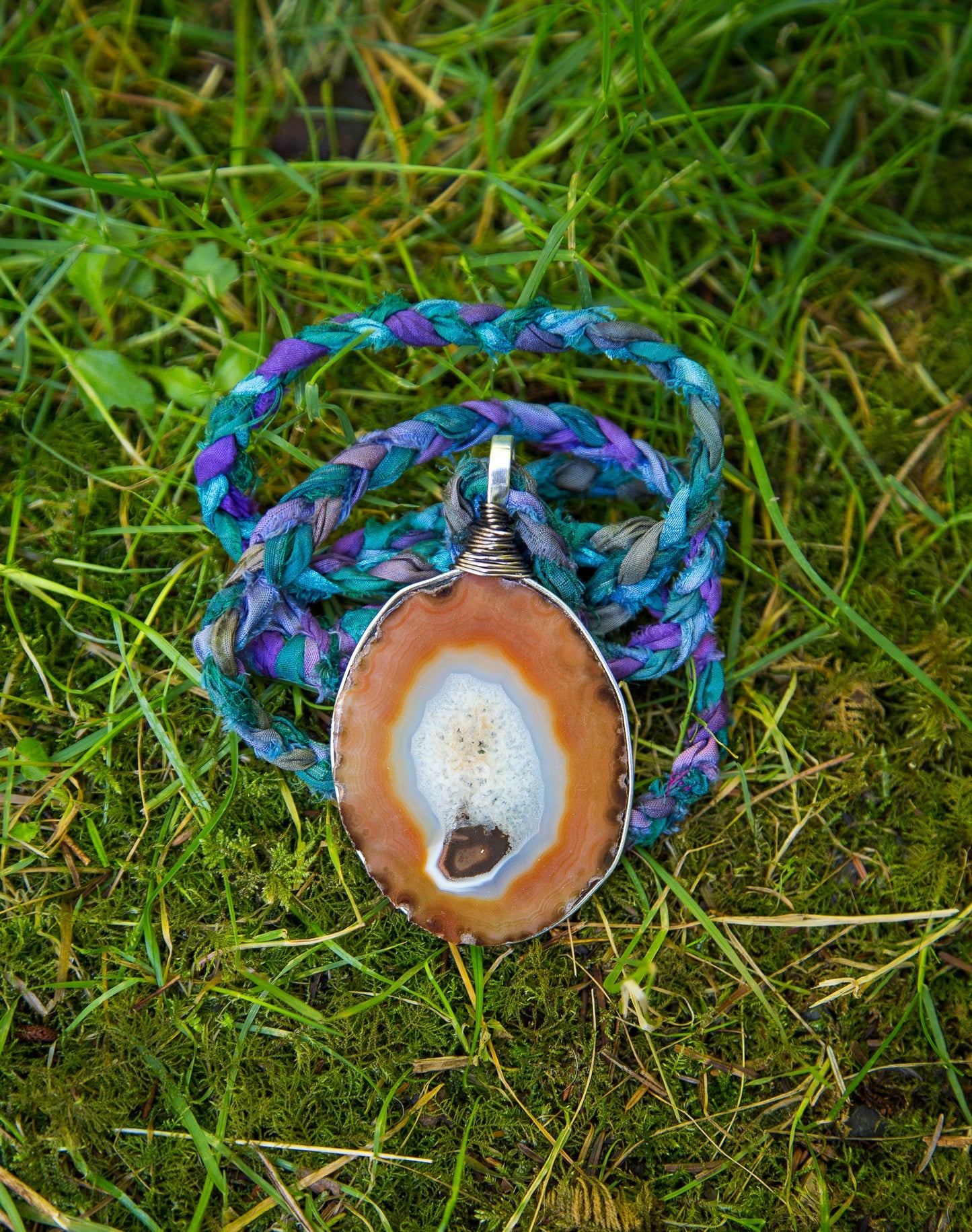 Agate Slice Necklace with Sari Silk