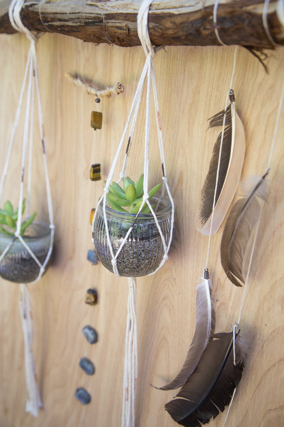 Double plant gemstone feather wall hanging
