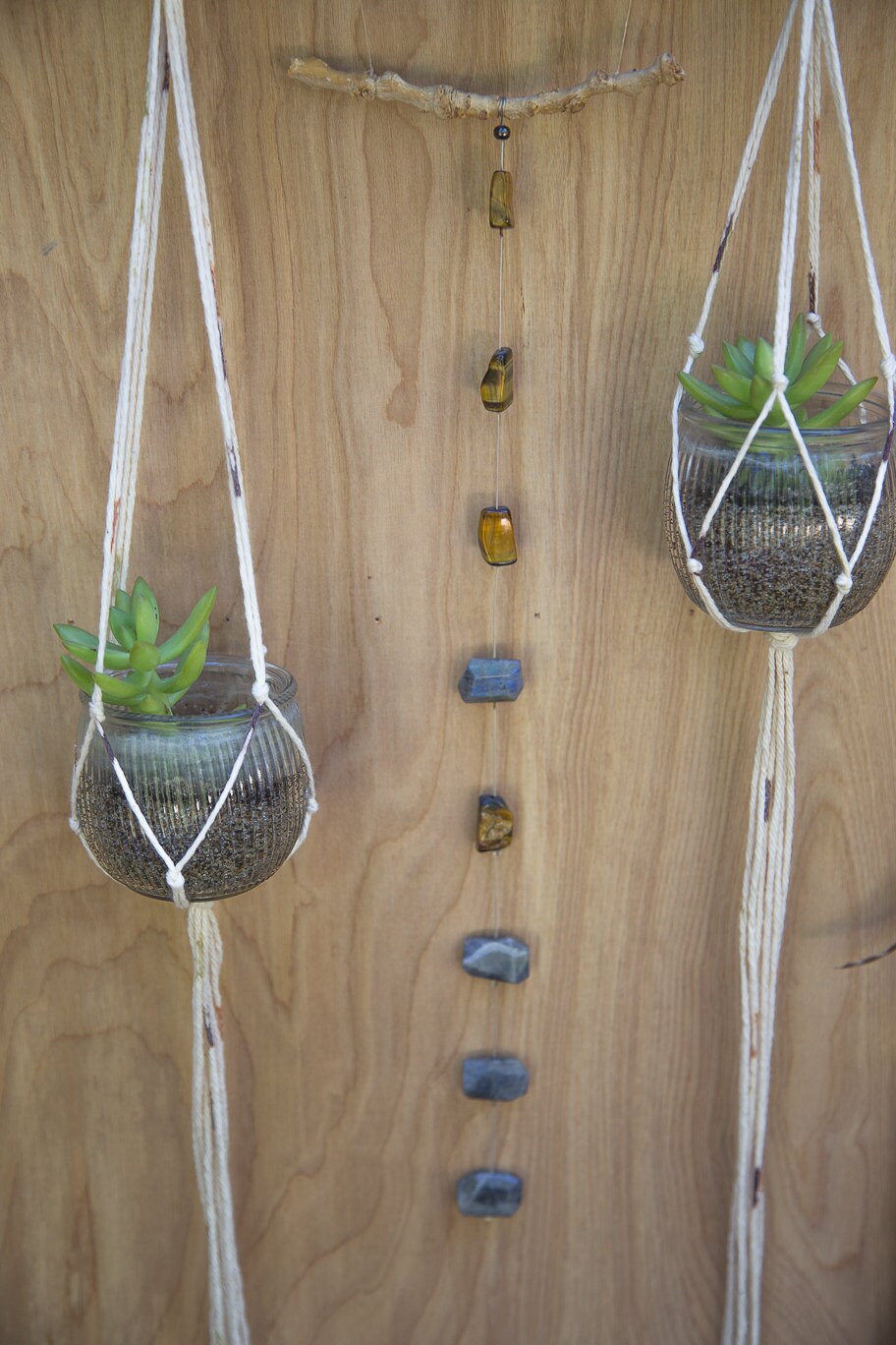 Double plant gemstone feather wall hanging