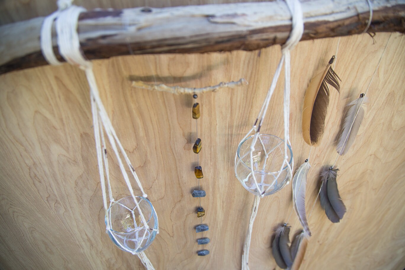 Double plant gemstone feather wall hanging