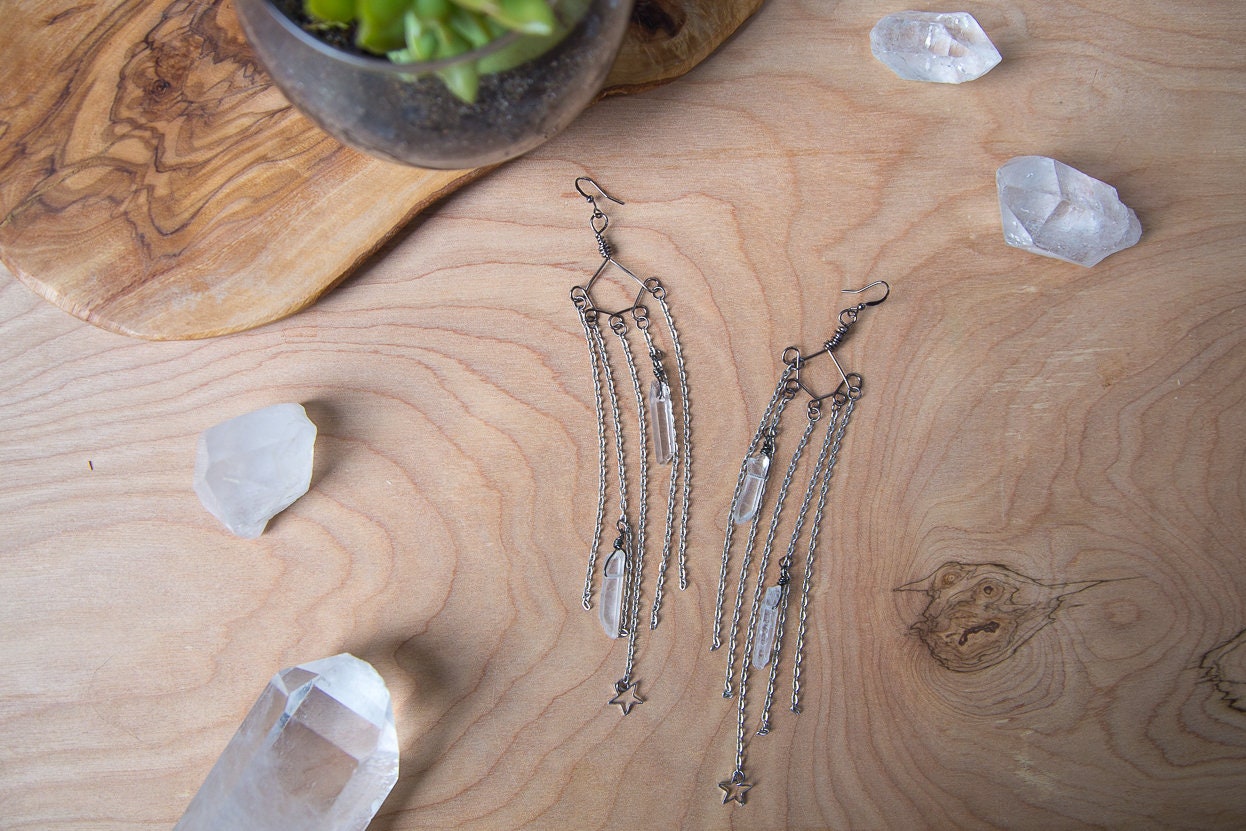 Quartz Point Earrings/ Chain Earrings/ Drop Down Earrings/ Handcrafted Earrings/ Dangling Earrings/ Boho Festival Earrings / Star Earrings