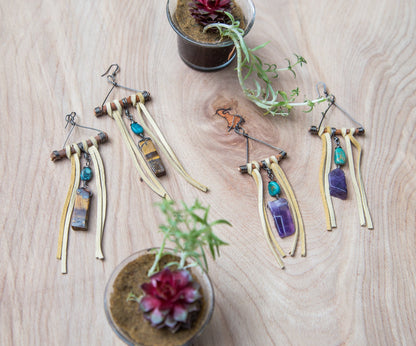 Gemstone Leather Earrings