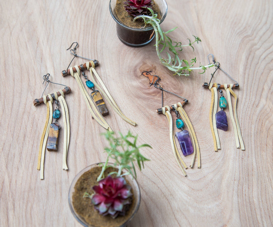Gemstone Leather Fringe Earrings