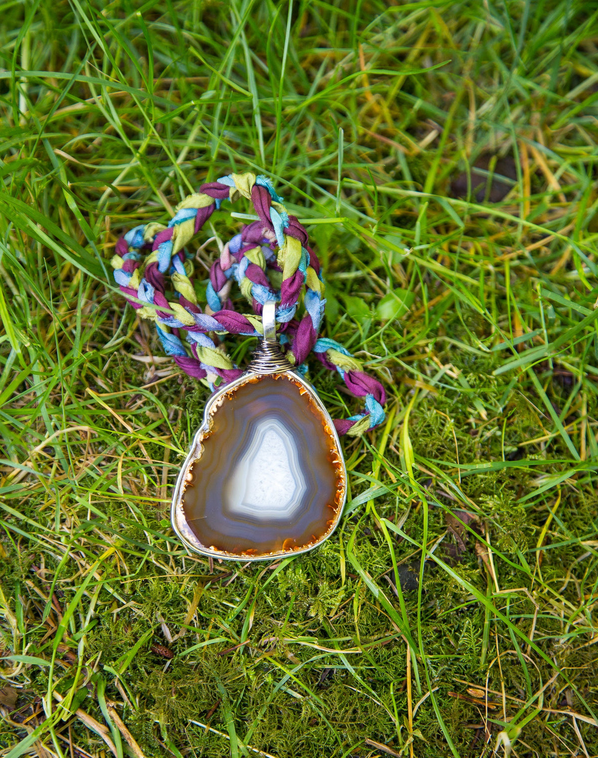 Agate Slice Necklace with Sari Silk