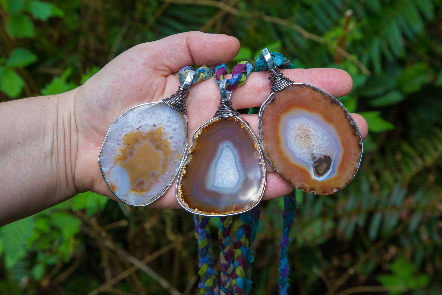 Agate Slice Necklace with Sari Silk