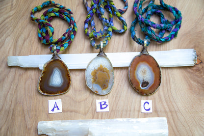 Agate Slice Necklace with Sari Silk