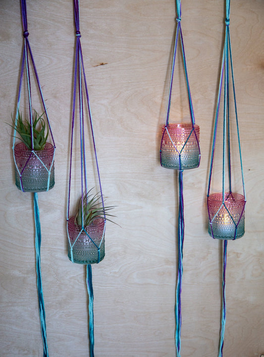 2 Piece Plant Hanger With Colorful Glass Jars / Colorful Hanging Planter / Airplant Holder / Candle Holder / Hanging Planter / Plant Hangers