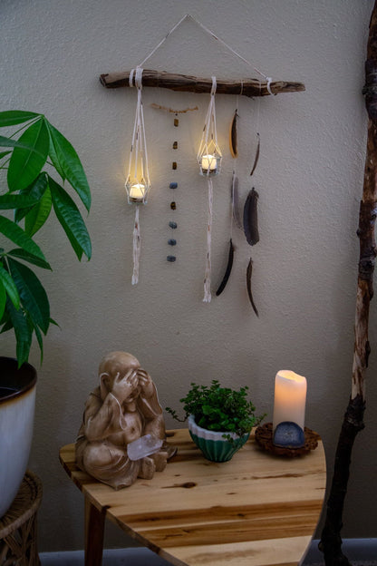 Double plant gemstone feather wall hanging