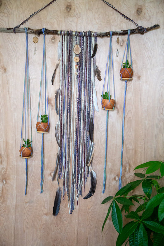 Multiple Plant Hanger/ Hanging Plant Wall Decor/ Plant Home Decor/ Driftwood Gemstone Wall Hanging/ Fiber Art/ Boho Decor /Mother's Day Gift