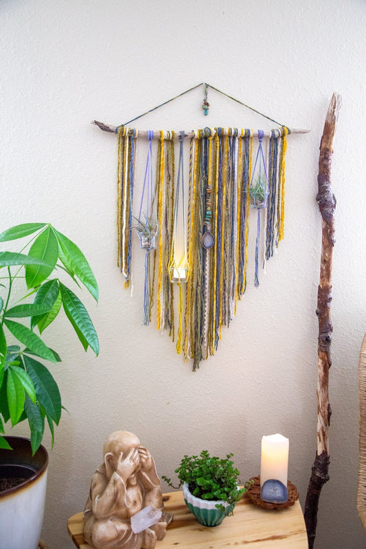 Plant Hanger Wall Hanging / Driftwood Gemstone Fiber Wall Art / Candle Holder Wall Decor / Colorful Boho Home Decor / Mother's Day gift