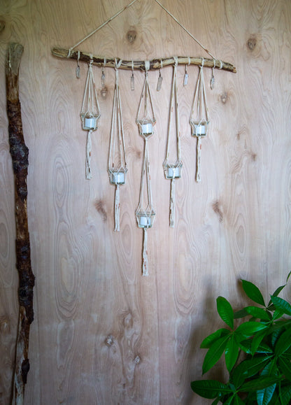 Quartz crystal candle holder driftwood wall hanging