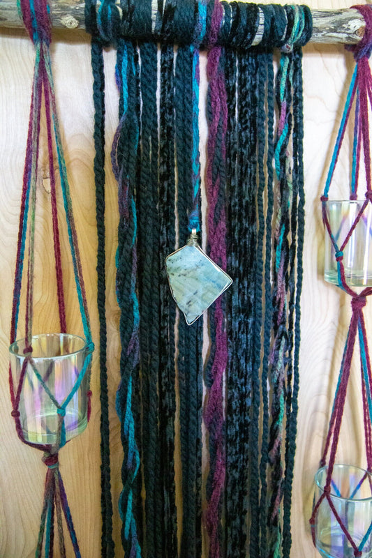 labradorite fiber candle wall hanging / multiple planter / labradorite decor / black fiber wall decor / bohemian style gemstone wall art