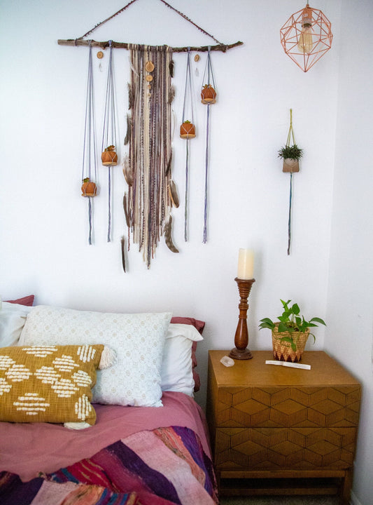 Multiple Plant Hanger/ Hanging Plant Wall Decor/ Plant Home Decor/ Driftwood Gemstone Wall Hanging/ Fiber Art/ Boho Decor /Mother's Day Gift