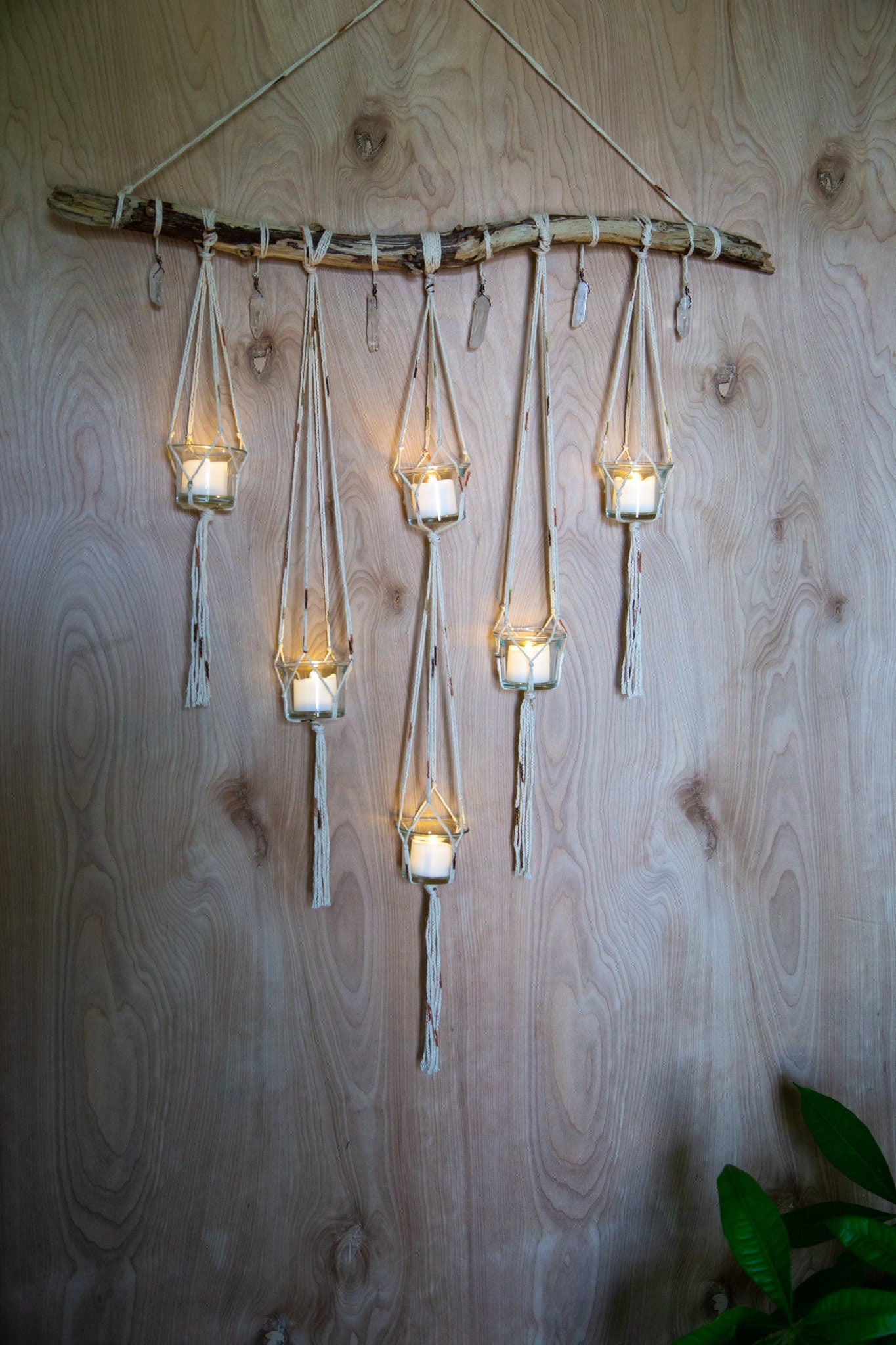 Quartz crystal candle holder driftwood wall hanging